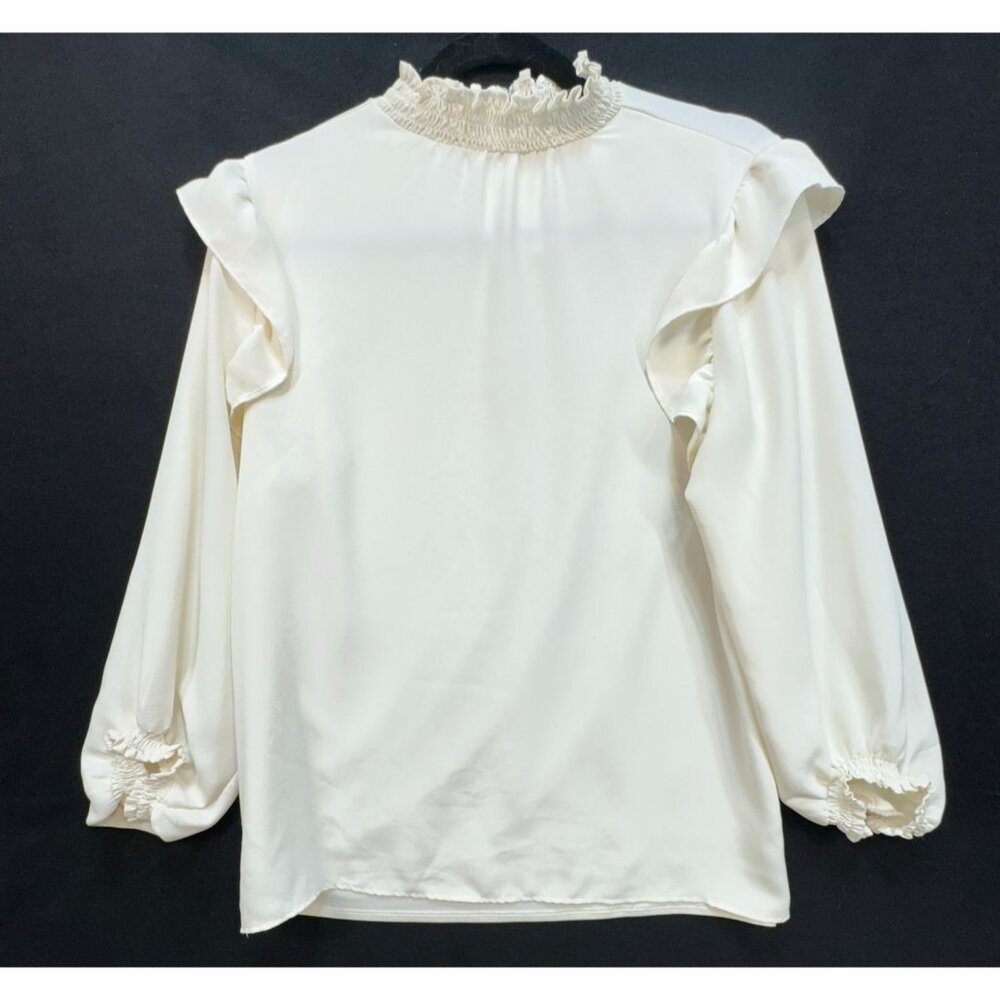 Ann Taylor Womens Ruffle Neck Blouse Long Sleeve  Size SM Ivory Career Retro